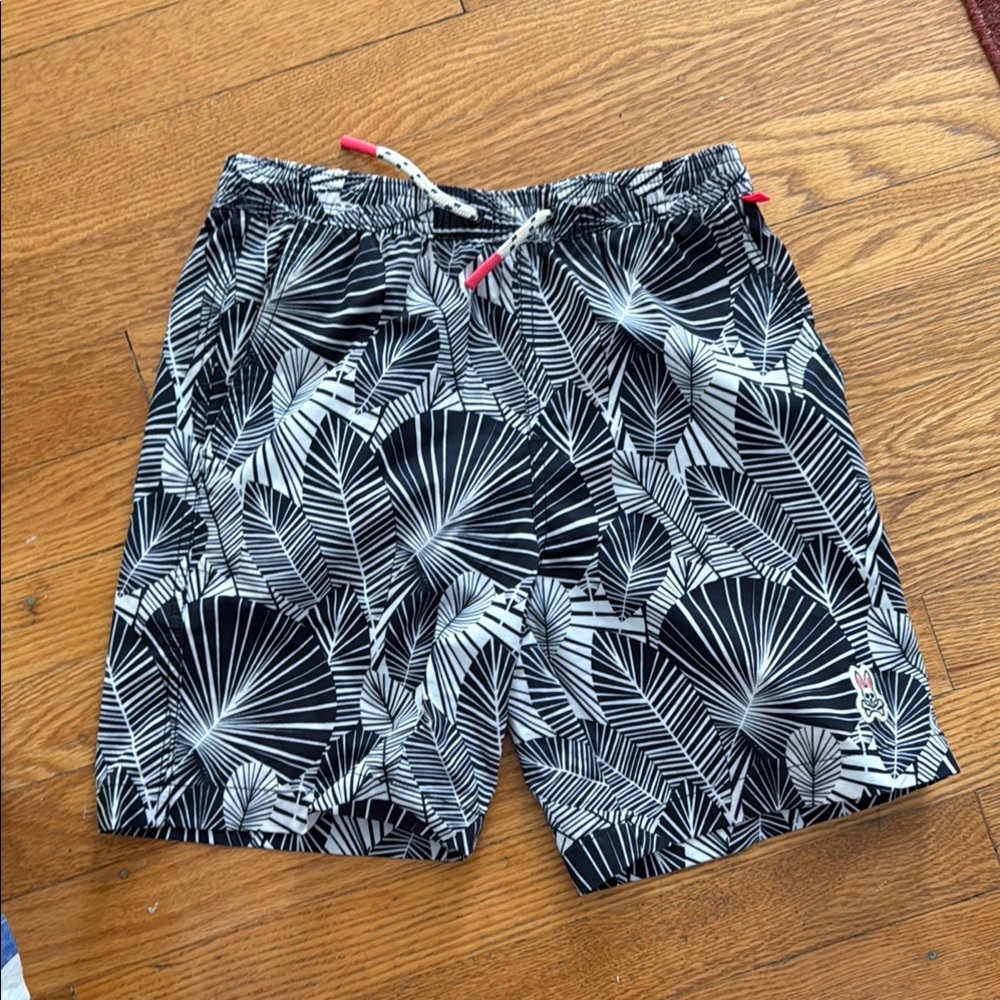 Psycho Bunny Black and White Swim Trunks with Tropical Print